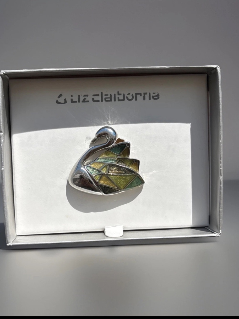 Liz Claiborne Silver Swan Brooch with Green and Gold Iridescent Inlay